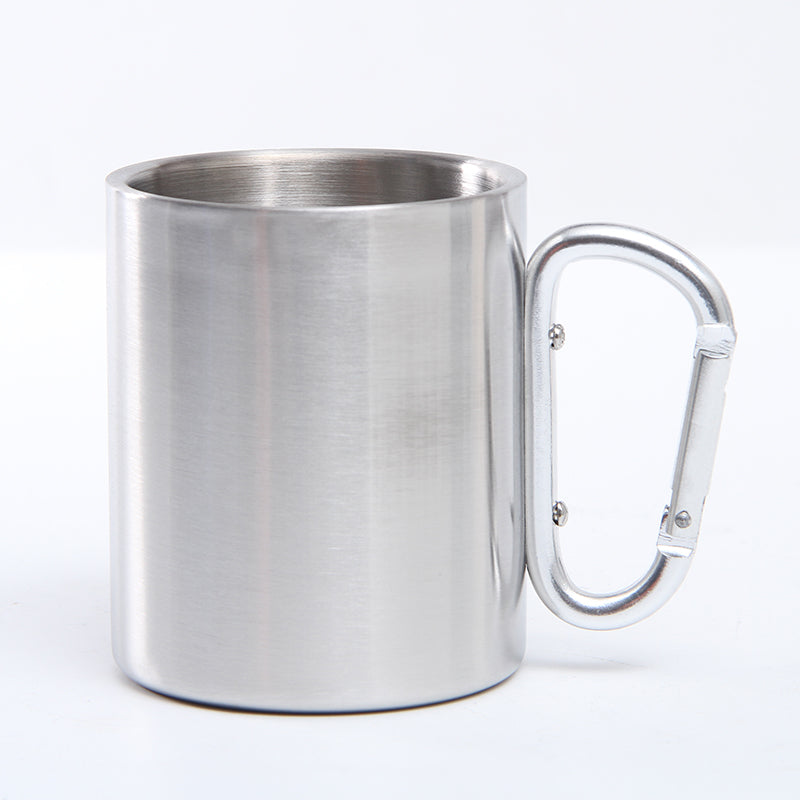 Camping 304 stainless steel mountaineering buckle cup，outdoor double-decker mugs，children's thick glass with handle.