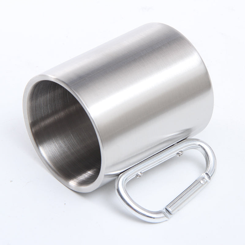 Camping 304 stainless steel mountaineering buckle cup，outdoor double-decker mugs，children's thick glass with handle.