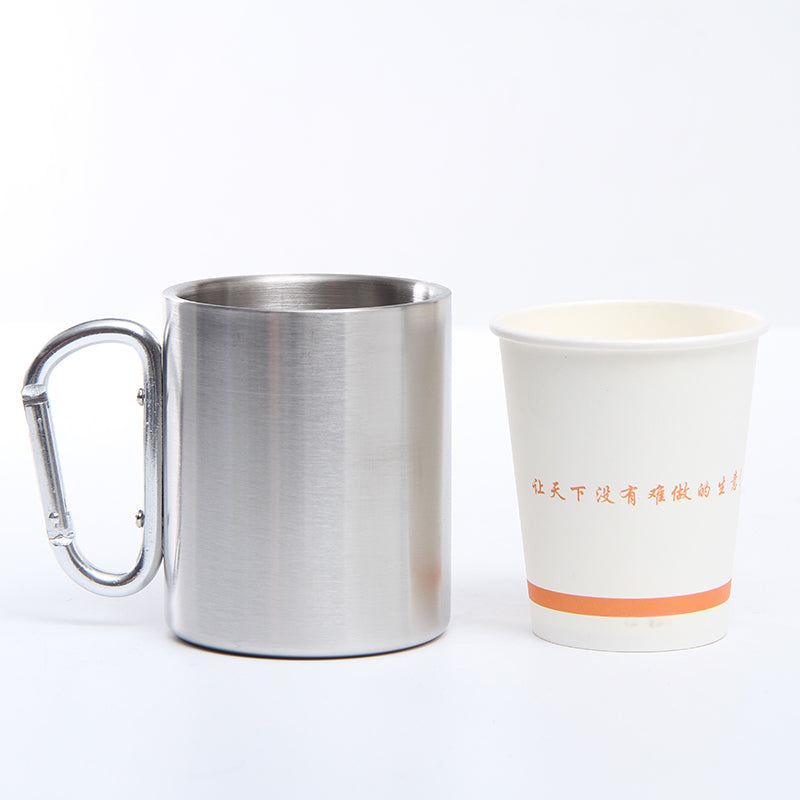 Camping 304 stainless steel mountaineering buckle cup，outdoor double-decker mugs，children's thick glass with handle.